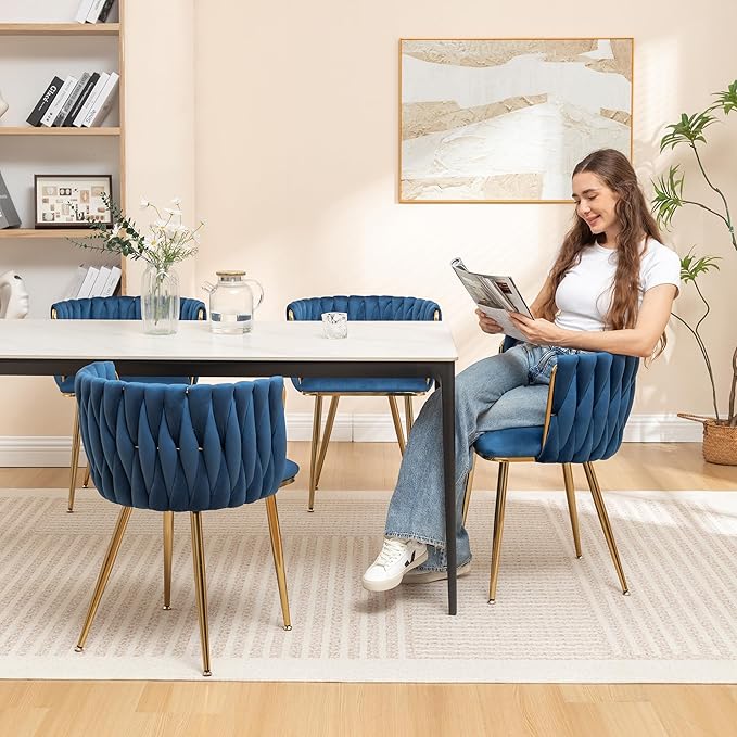 Kiztir Velvet Dining Chairs Set of 4, Modern Dining Chair with Gold Metal Legs, Luxury Tufted Dining Chairs for Dining Room, Bedroom, Kitchen (Blue)