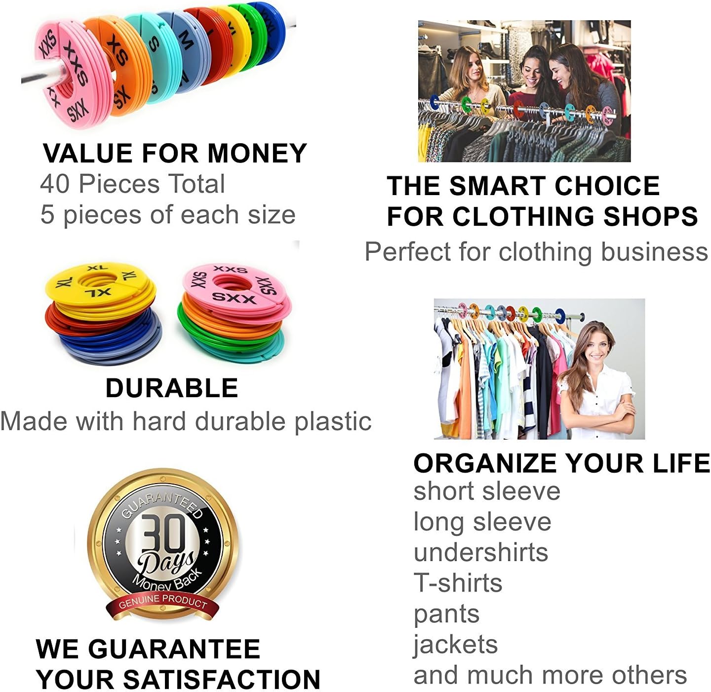 Clothing Rack Size Dividers for Retail Shops, XXS-XXXL, 40 Pieces, 8 Colors | Round Plastic Size Rings, Tags, Hangers, or Separators for Shirt, Closet, and Garment Racks, Small Medium Large