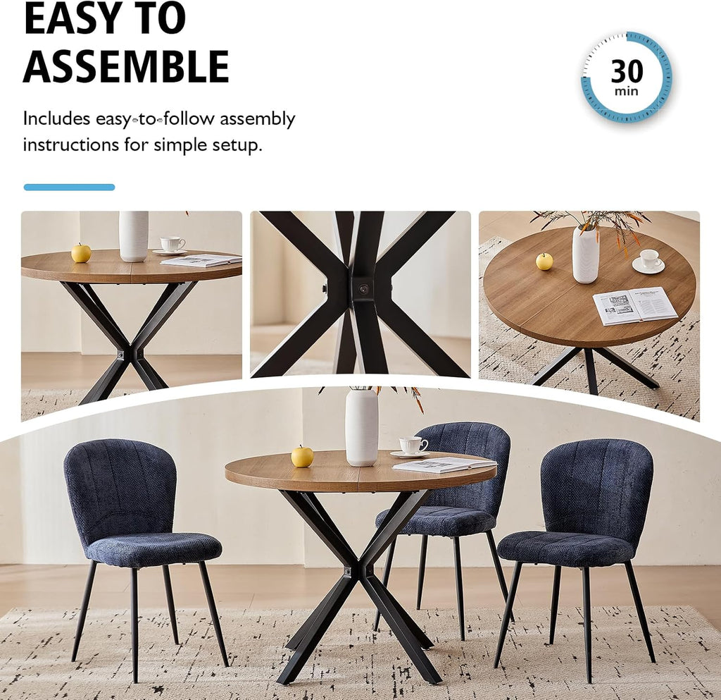 39" Round Dining Table Set for 4, Mid Century Kitchen Table with 4 Upholstered Accent Dining Chairs for Apartment Living Room Space Saving, Brown with Blue Chairs