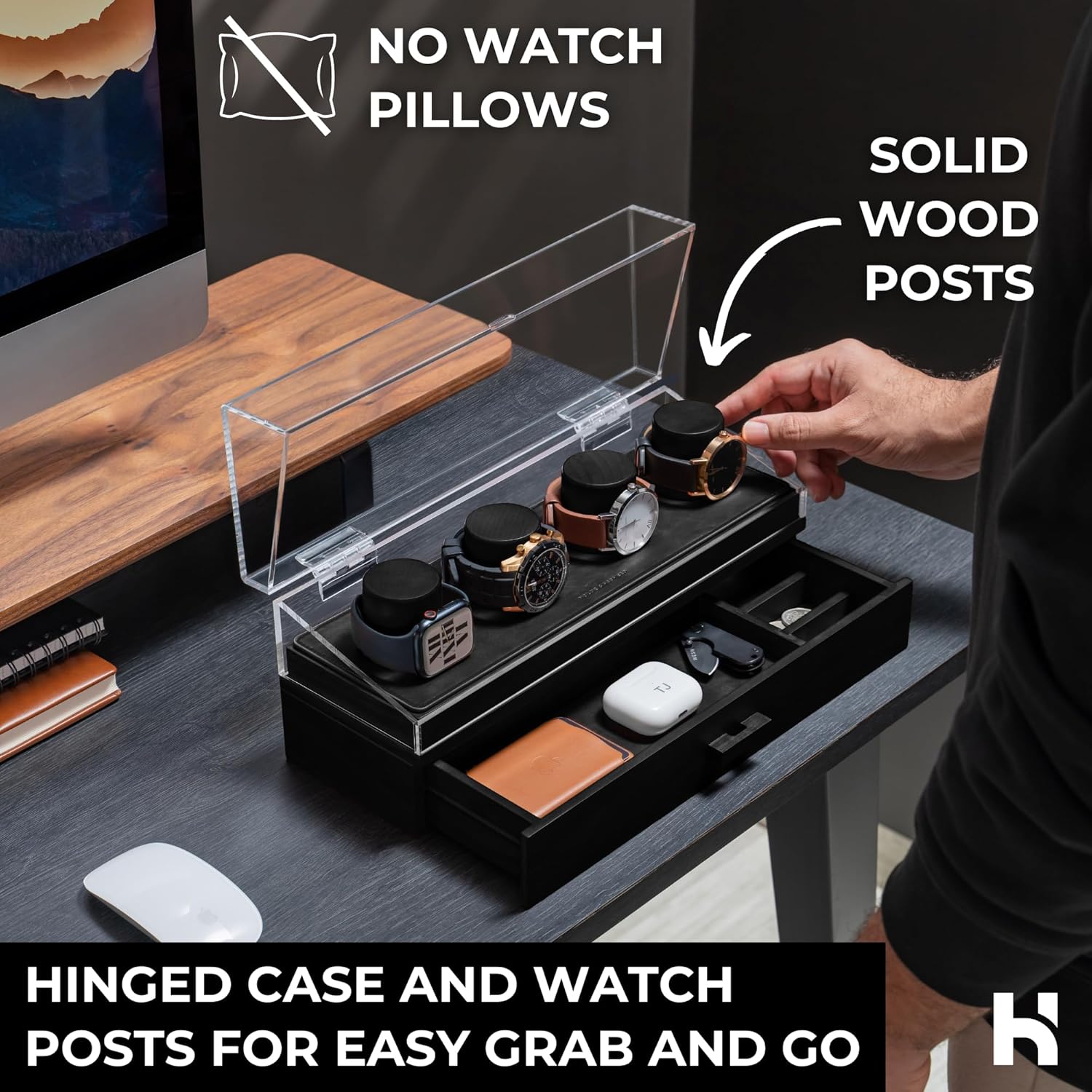 Holme & Hadfield Premium 4-Slot Wooden Watch Display Case – Handcrafted Men’s Watch Box with Accessory Drawer, Hinged Cover, Leather Lining–Christmas Gift for Collectors–Luxury Built to Last