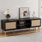 TV Stand for TVs up to 65'', Entertainment Center with Rattan Door, Shelves & 2 Cabinets, Boho Media TV Console for Living Room, Bedroom, Black