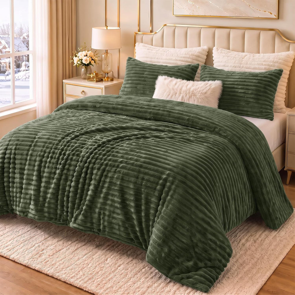 CozyLux Fleece King Size Comforter Set, 3 Piece Warm Olive Green Bedding