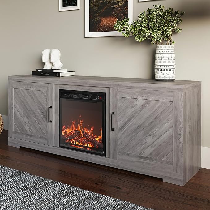 BELLEZE Modern 58" Farmhouse TV Stand with 18" Electric Fireplace Heater & Media Entertainment Center for TV up to 65", Console Table with Storage Cabinets - Hilo (Grey Wash)