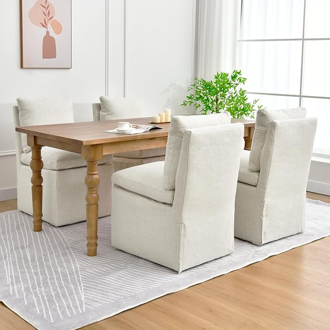 DUHOME Upholstered Armless Dining Chair with Casters,Linen Dining Chairs Set of 2 for Living Room,Single Sofa Chair with 4 Casters for Bedroom Reading Room Waiting Room Kitchen Dining Room