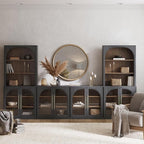 BELLEZE 6-Piece Modular TV Stand Set - 4 Arched Glass Door Entertainment Center & 2 Hutch Storage Units, Classic Modern Large Media Console with Adjustable Shelves for Living Room Family Room, Ebony