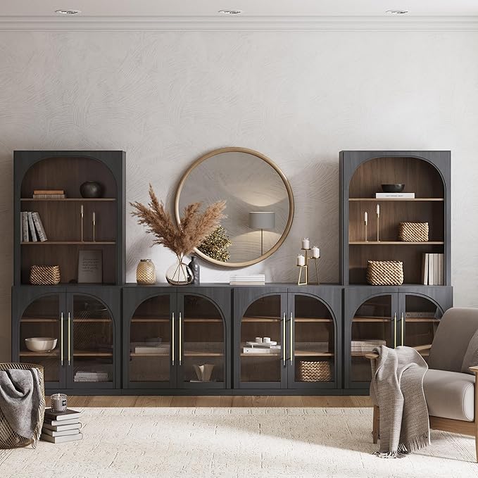 BELLEZE 6-Piece Modular TV Stand Set - 4 Arched Glass Door Entertainment Center & 2 Hutch Storage Units, Classic Modern Large Media Console with Adjustable Shelves for Living Room Family Room, Ebony