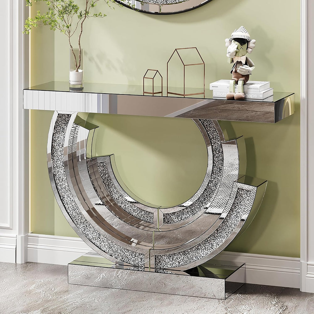 Silver Mirrored Console Table, 43" Modern Entryway Table with Crushed Di...