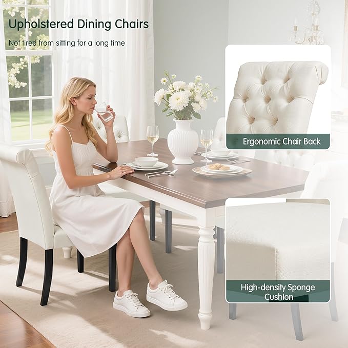 CHUN YI Dining Chairs Set of 2, Button Tufted Upholstered Fabric Dining Room Chairs with Solid Wood Legs and Curved Back, Parsons Side Chairs for Kitchen, Ivory White