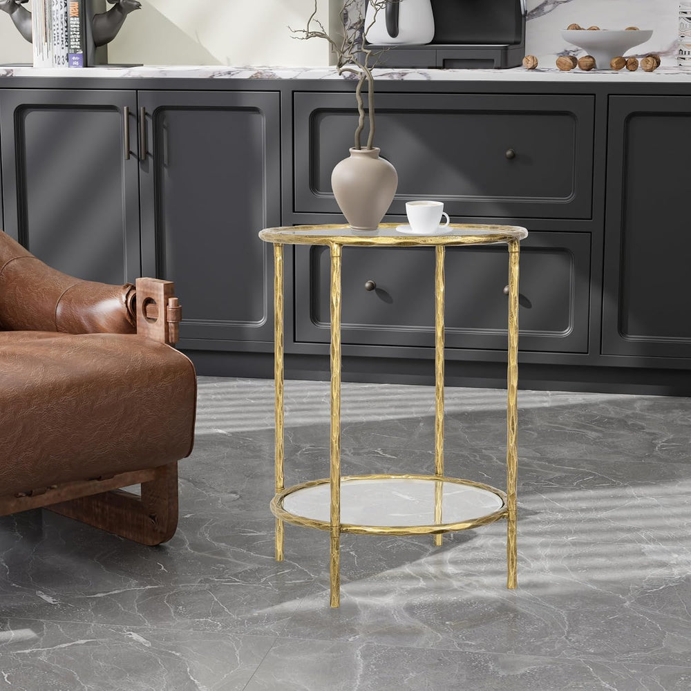 BEGINS Hand Forged Side Table 2 Tier, Vintage End Table Glass Top Coffee Tabl...