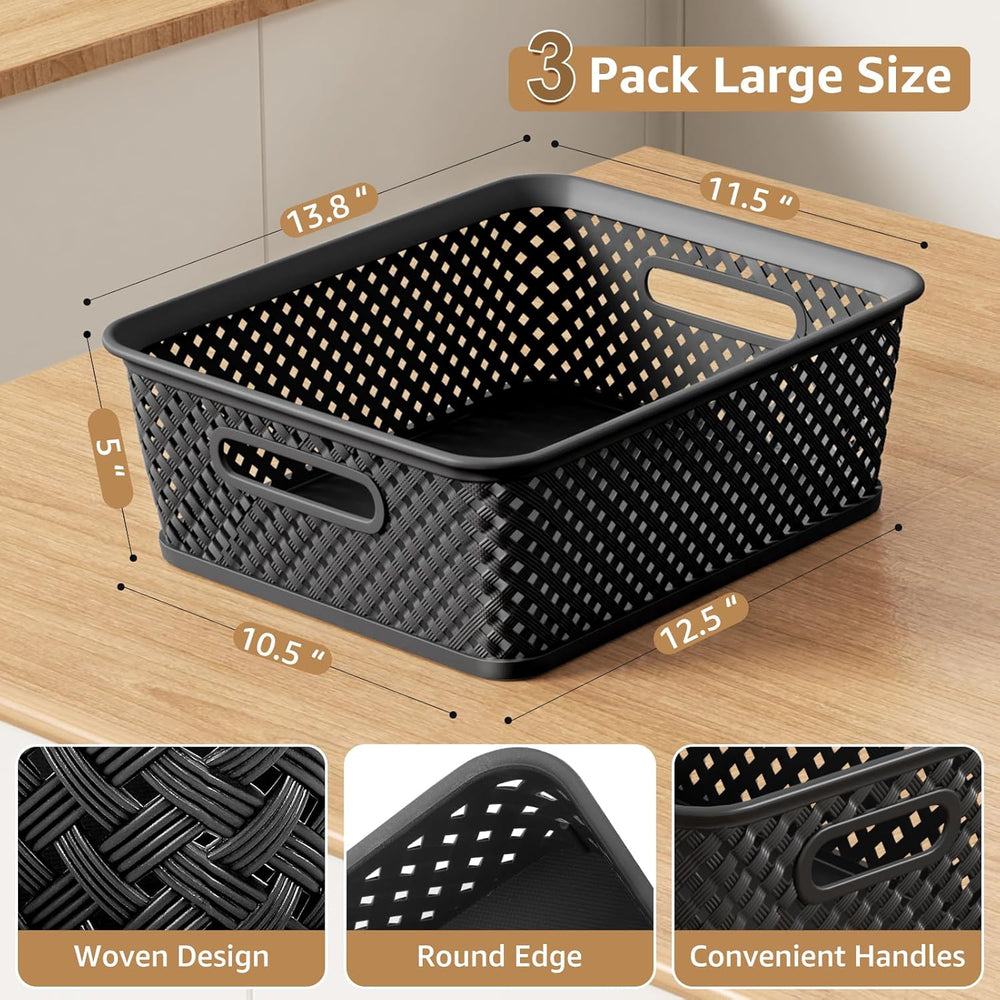 MaxGear 3 Pack Plastic Storage Baskets, Large, Black