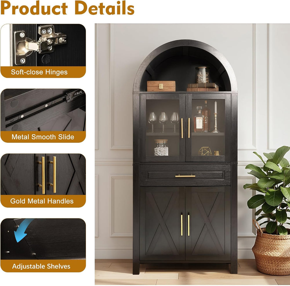 71" Tall Arched Kitchen Pantry with Glass Door, Farmhouse Storage Cabine...