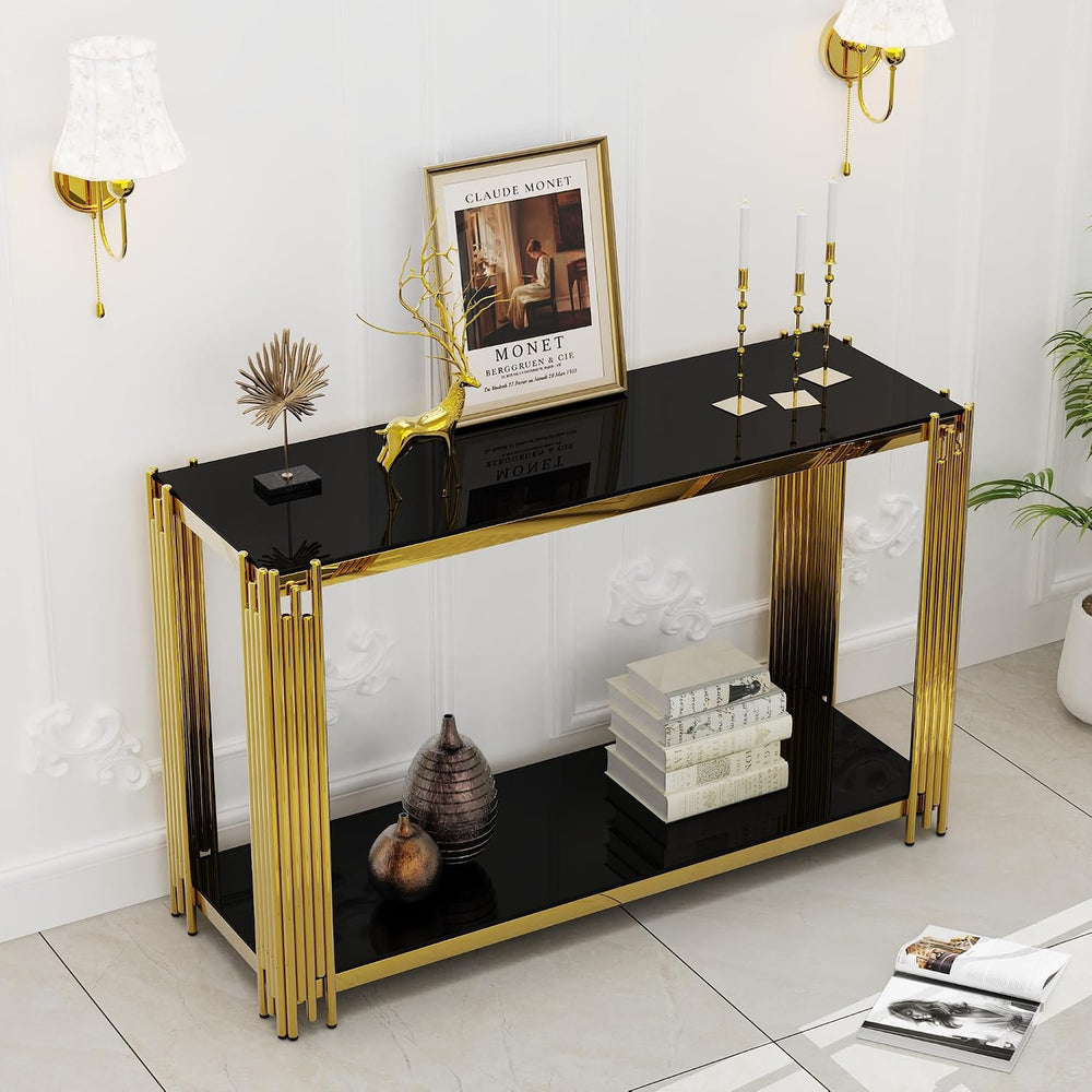 Gold Console Table with Tempered Glass for Entryway Living Room, Modern Luxur...