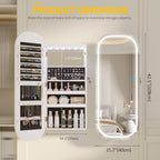LVSOMT LED Mirror Jewelry Cabinet, Wall/Door Mount Jewelry Mirror Organizer, Rounded Full Length Mirror with Storage, Lockable Jewelry Armoire, 16" Wide, Foldable Shelf, Interior Mirror, White