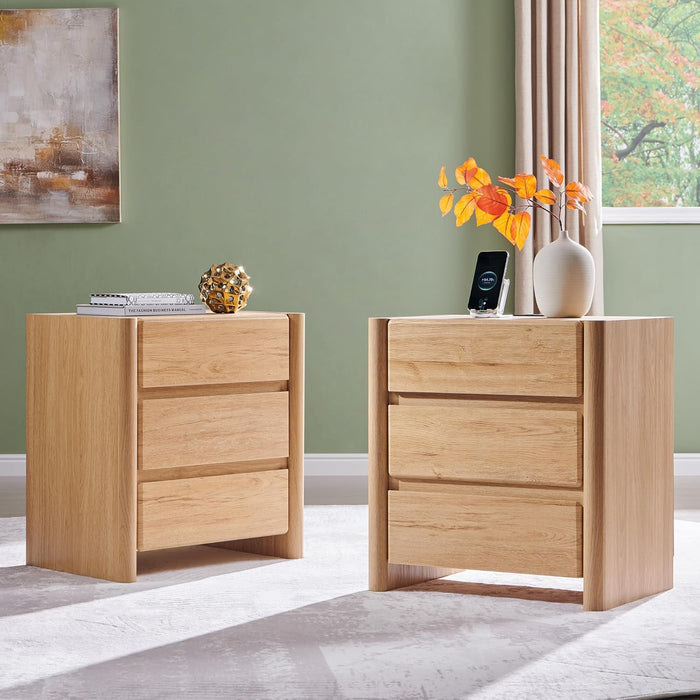 25" Tall Modern Nightstand Set of 2, 23.6" W Night Stand with Charging Station & 3 Handleless Storage Drawers, Wood Nightstands w/Rounded Corner Design for Bedroom (Natural)
