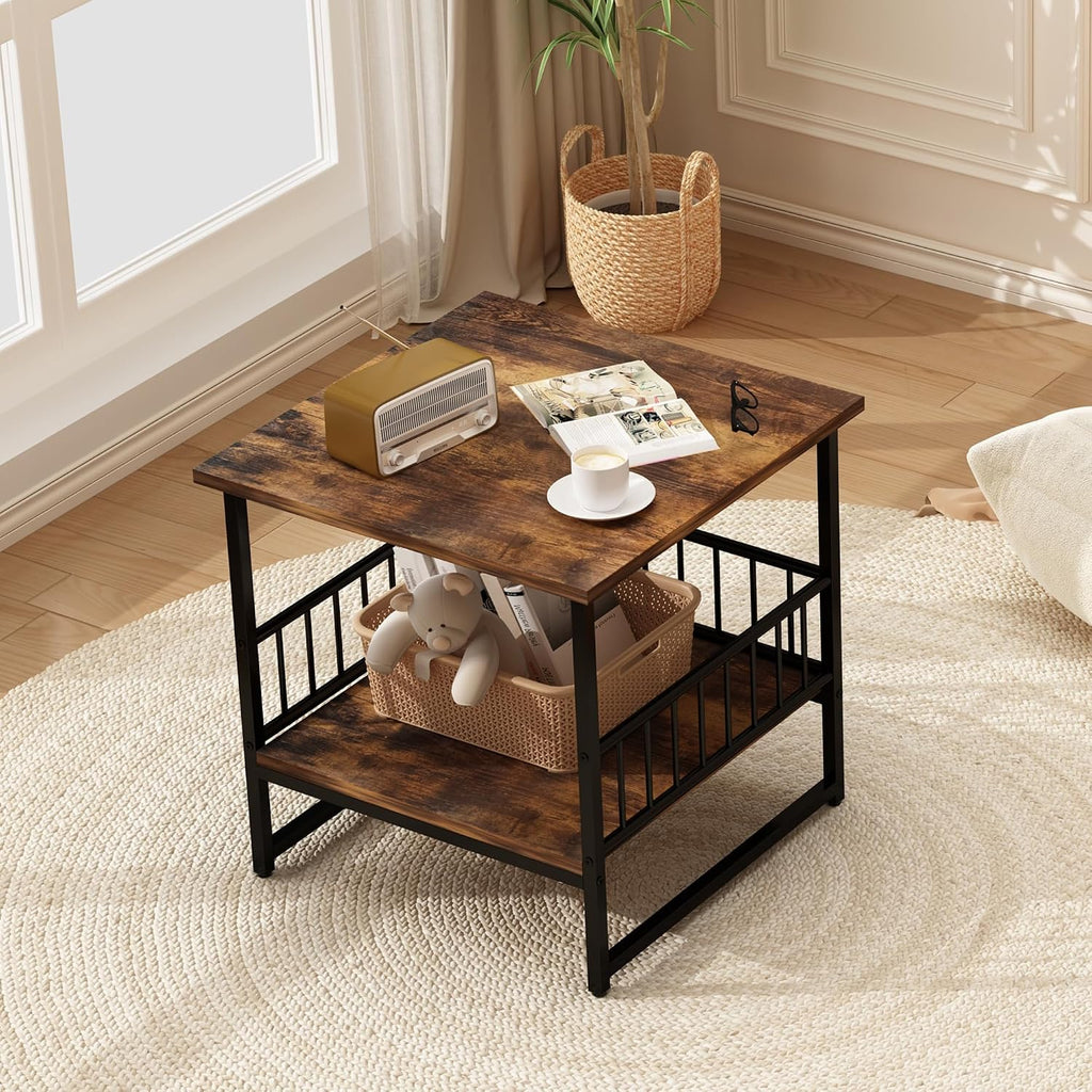DHMAKER End Table, Industrial Side Table with 2-Tire Storage Shelf, 180LBS Mini Fridge Stand with Adjustable Feet, 24"x24" Wood Night Stand Small Bedside Table for Living Room Bedroom, Brown