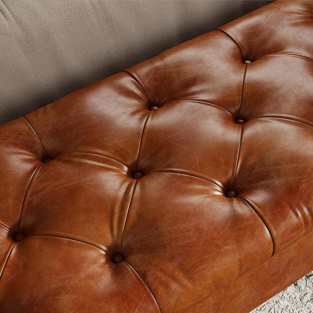 Faux Leather Storage Bench for Bedroom End of Bed, 65-Inch Rolled Arm Upholstered Bench with Hidden Storage, Brown End of Bed Bench with Sturdy Wood Frame, Space-Saving Entryway Ottoman Seat (Brown)