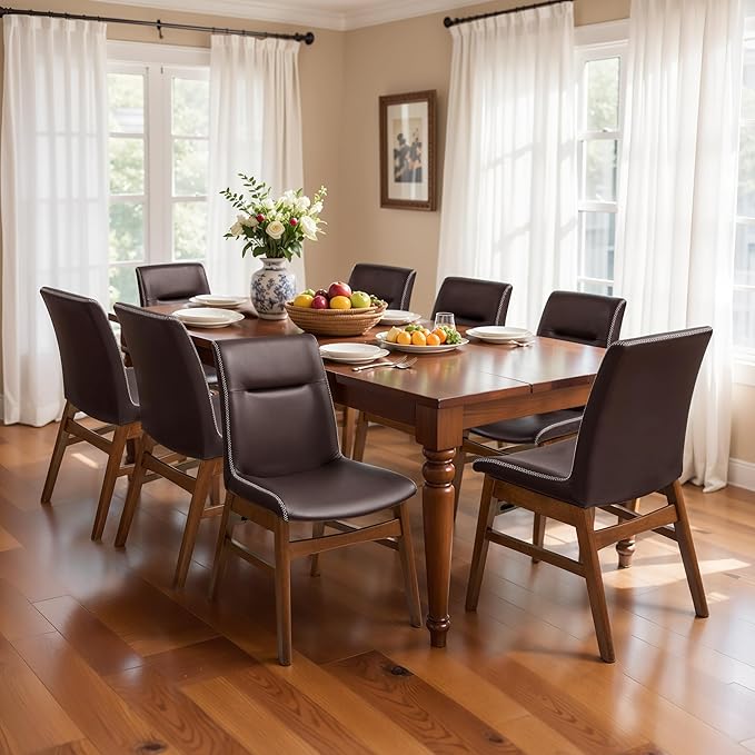 SyMax Dining Chairs Set of 8, Faux Leather Dining Room Chairs with Stitched Edge Trim, Modern High-End Kitchen Side Chairs for Bedroom, Living Room, Dark Brown