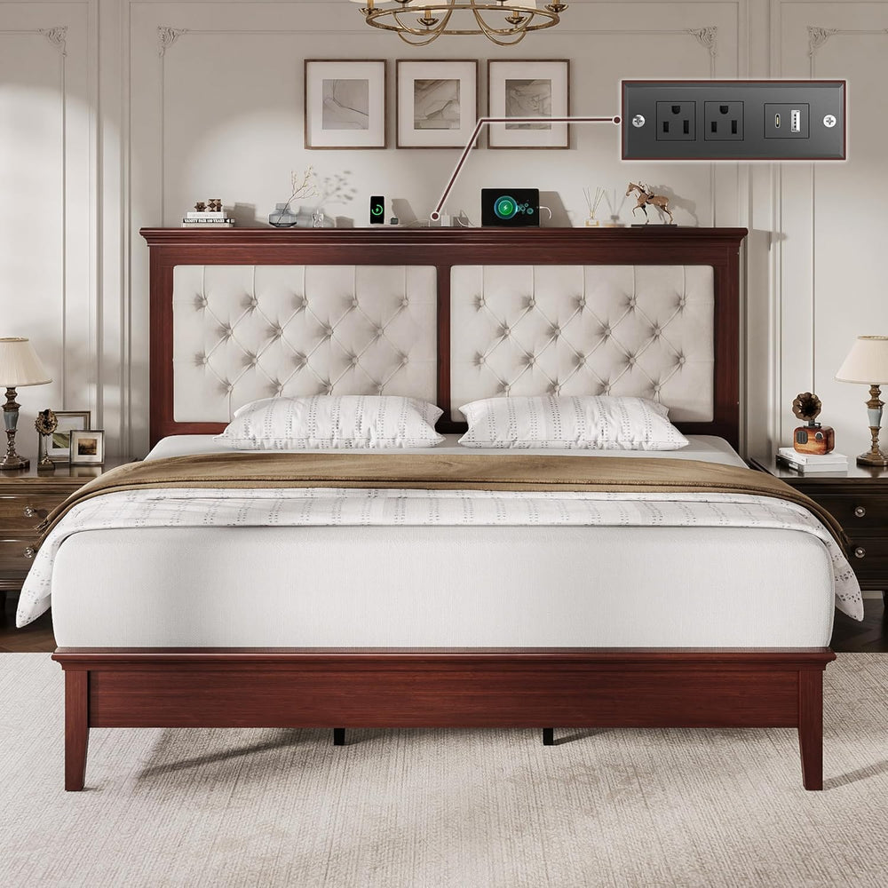 Lifezone Solid Wood King Bed Frame 46” Tall Diamond-Tufted Upholstered Headbo...