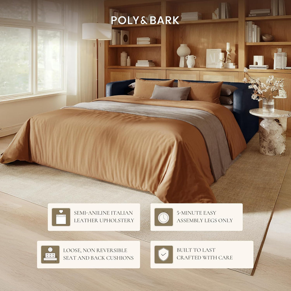 Poly & Bark Napa 82" Leather Pull‑Out Sleeper Sofa – Full‑Grain Ital...