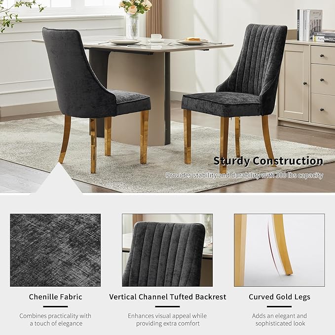 Black Mid Century Dining Chairs Set of 4, Modern Kitchen & Dining Room Chairs Set of 4, Chenille Fabric Upholstered Kitchen Chairs, Sillas de Comedor, Gold Legs (Black, 4 Pcs)