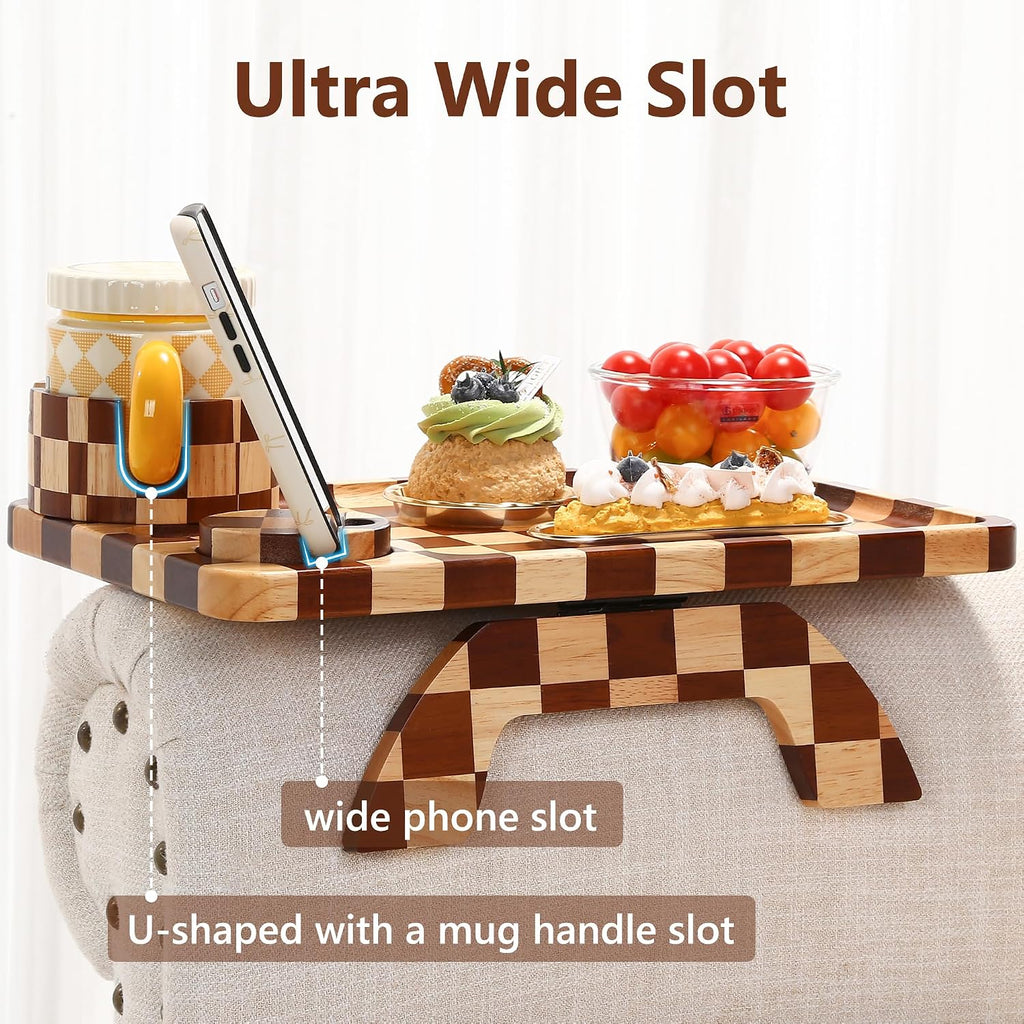 Checkered Rubber Wood Couch Arm Tray, Sofa Armrest Tray with Rotating Cup Holder & Phone Stand, Large Clip-on Sofa Side Table Furniture for Drinks & Remote, 15.36"x9.85", Gift Box
