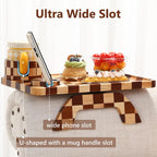 Checkered Rubber Wood Couch Arm Tray, Sofa Armrest Tray with Rotating Cup Holder & Phone Stand, Large Clip-on Sofa Side Table Furniture for Drinks & Remote, 15.36"x9.85", Gift Box