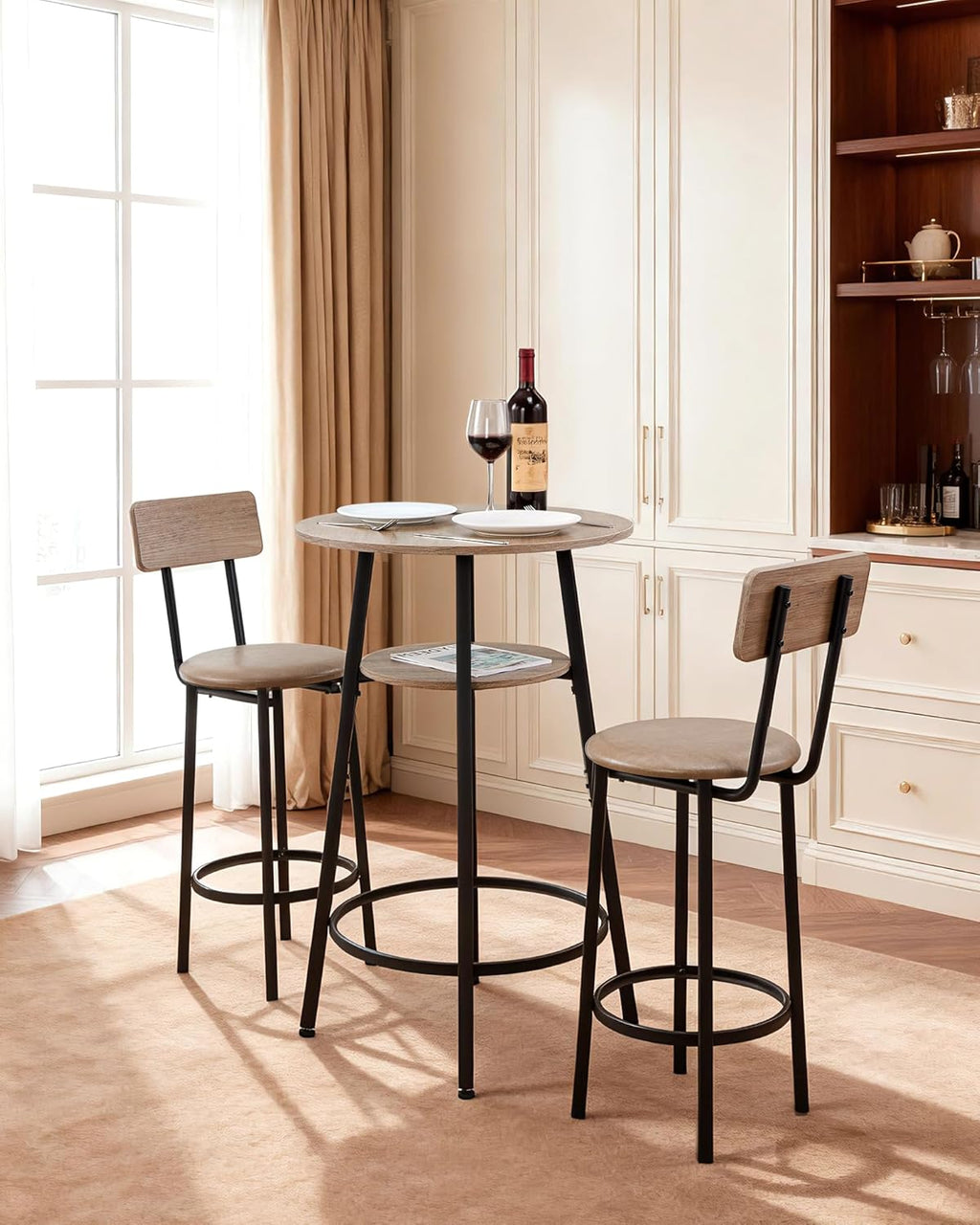 VEVOR Bar Table and Chairs Set, 3PCS 23.5″ Bars Tables Set with Rounded Corner Design, Round Pub Table with Two Stools for Office Desk, Breakfast Corner, Mini Bars, Light Gray, Black