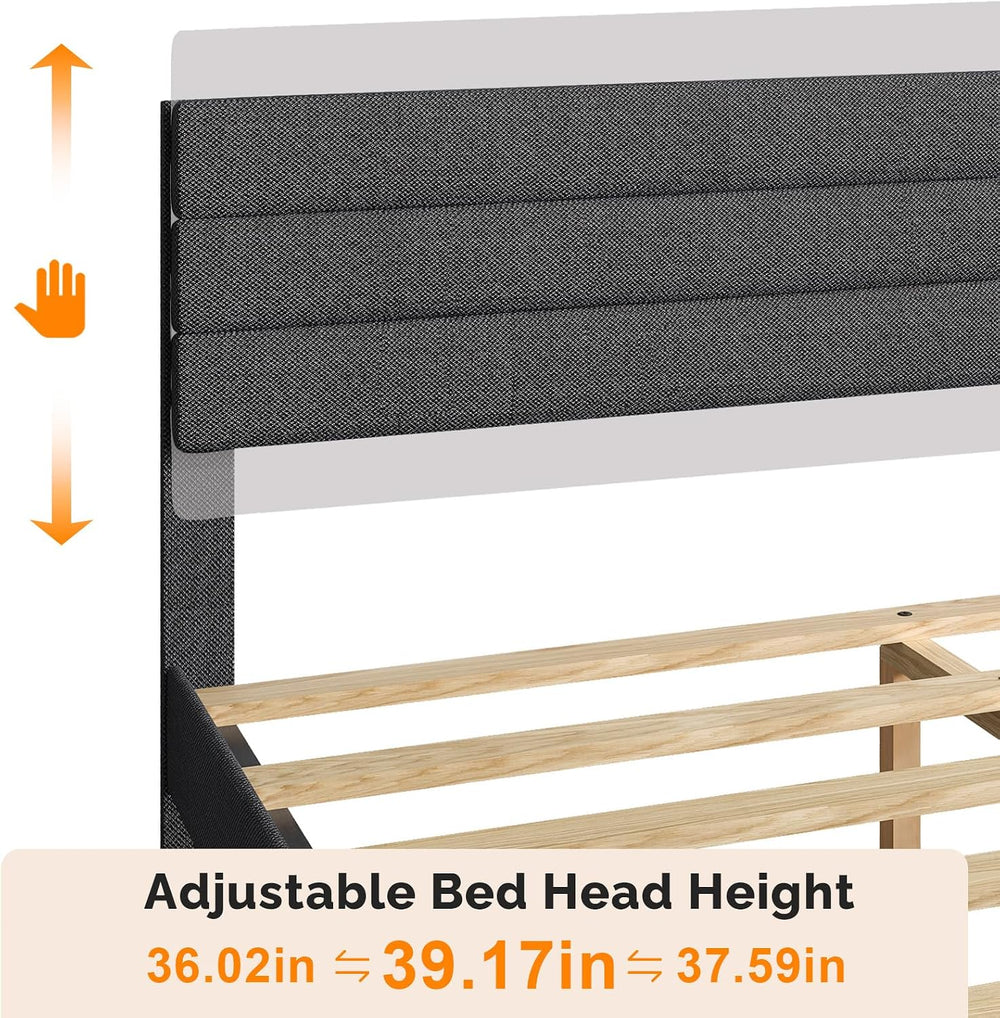 VINGLI Full Upholstered Platform Bed Frame with Headboard,Linen Dark Gray