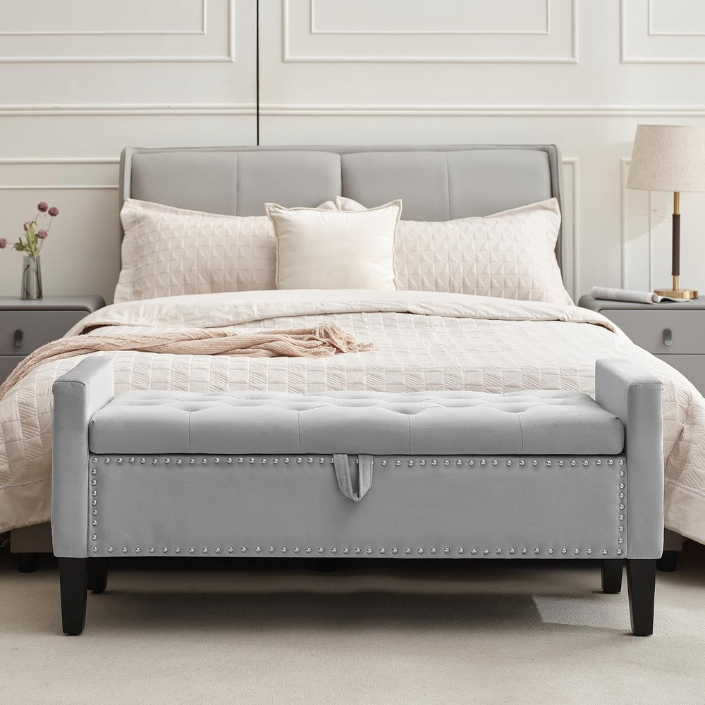 Velvet Storage Ottoman Bench, 46'' Upholstered Button Tufted End of B...