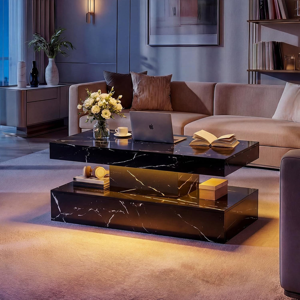 40" Modern Coffee Table with Storage Shelf, Faux Marble Fixed‑Top Center...