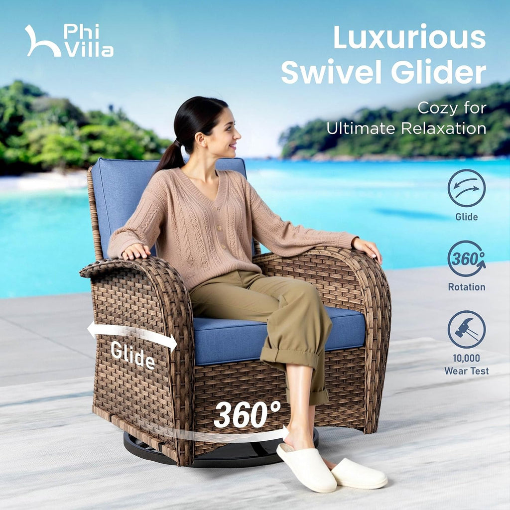 PHI VILLA Wicker Patio Chairs, Outdoor Swivel Glider Chairs Set of 2 | 2 Piece PE Rattan Wicker Patio Furniture Set with Cushions for Porch Deck Balcony