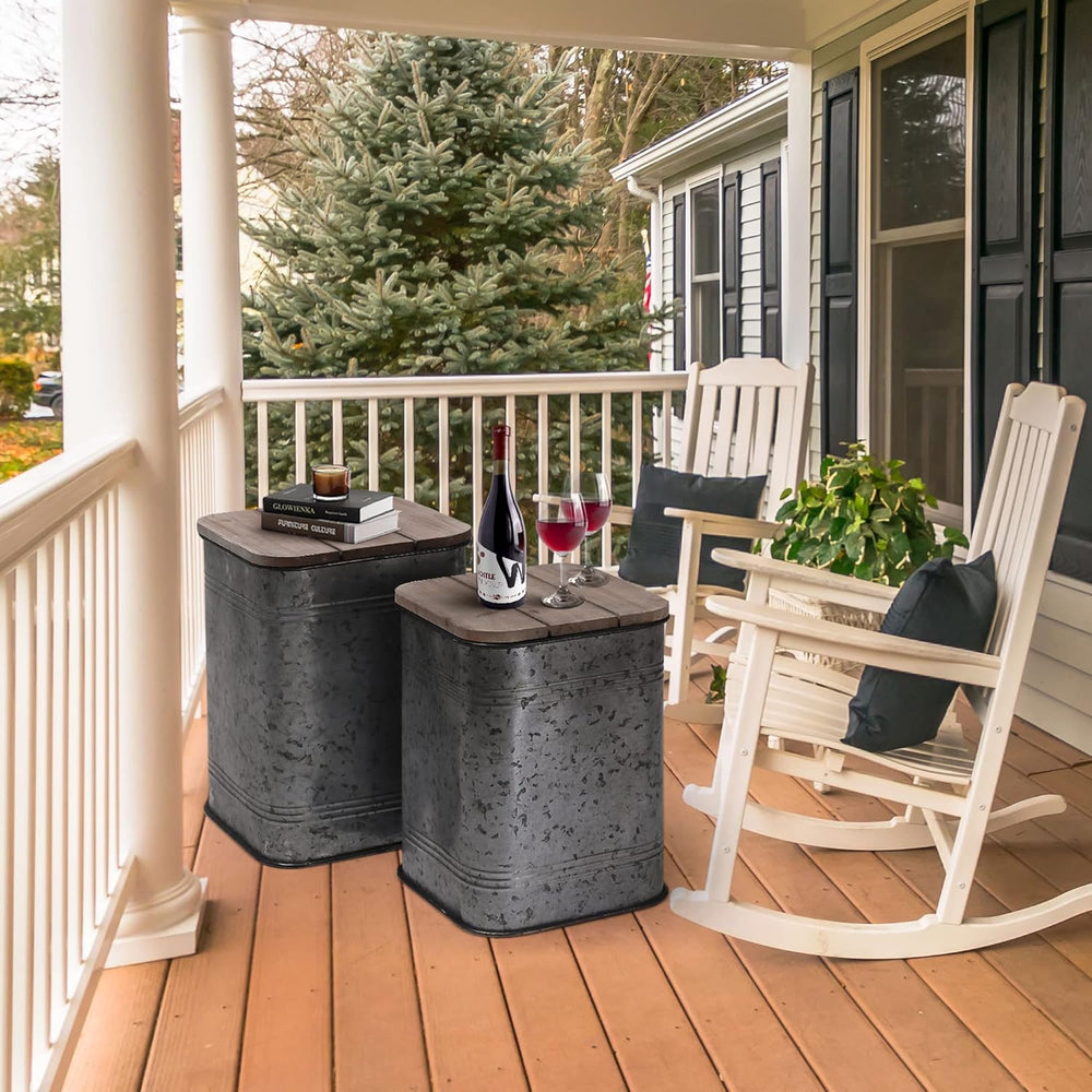 RUSTOWN Farmhouse Accent Side Table, Set of 2 Galvanized Storage Ottoman | An...