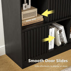 iPormis 12 Cube Bookcase with 6 Fluted Sliding Doors, 3 Tier Wooden Bookshelf, 47.2” Freestanding Cube Storage Organizer for Living Room, Office, Bedroom, Semi-Open Bookshelves, Black
