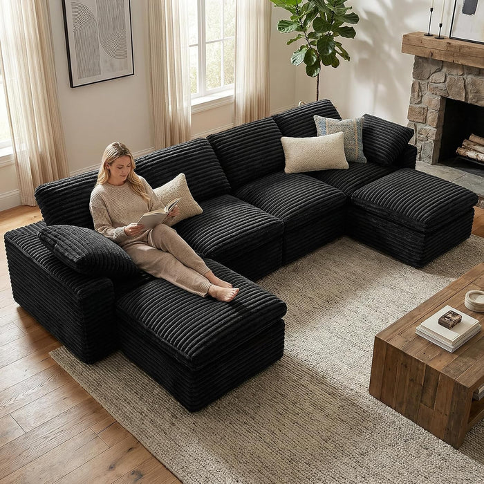 KKL 150" Modular Sectional Sofa, Cloud Sectional Couch U-Shaped with Ottoman, Corduroy Boneless Couch for Living Room Bedroom, Deep-Seat Upholstered Modular Cloud Sofa, No Assembly Required, Black