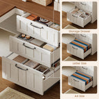 SEDETA Farmhouse L Shaped Computer Desk, 59'' Wood Office Desk with 3 Drawers and 5-Tier Bookshelf, Corner Desk with Storage Shelves and Power Outlet for Home Office Small Space, Vintage White + Brown