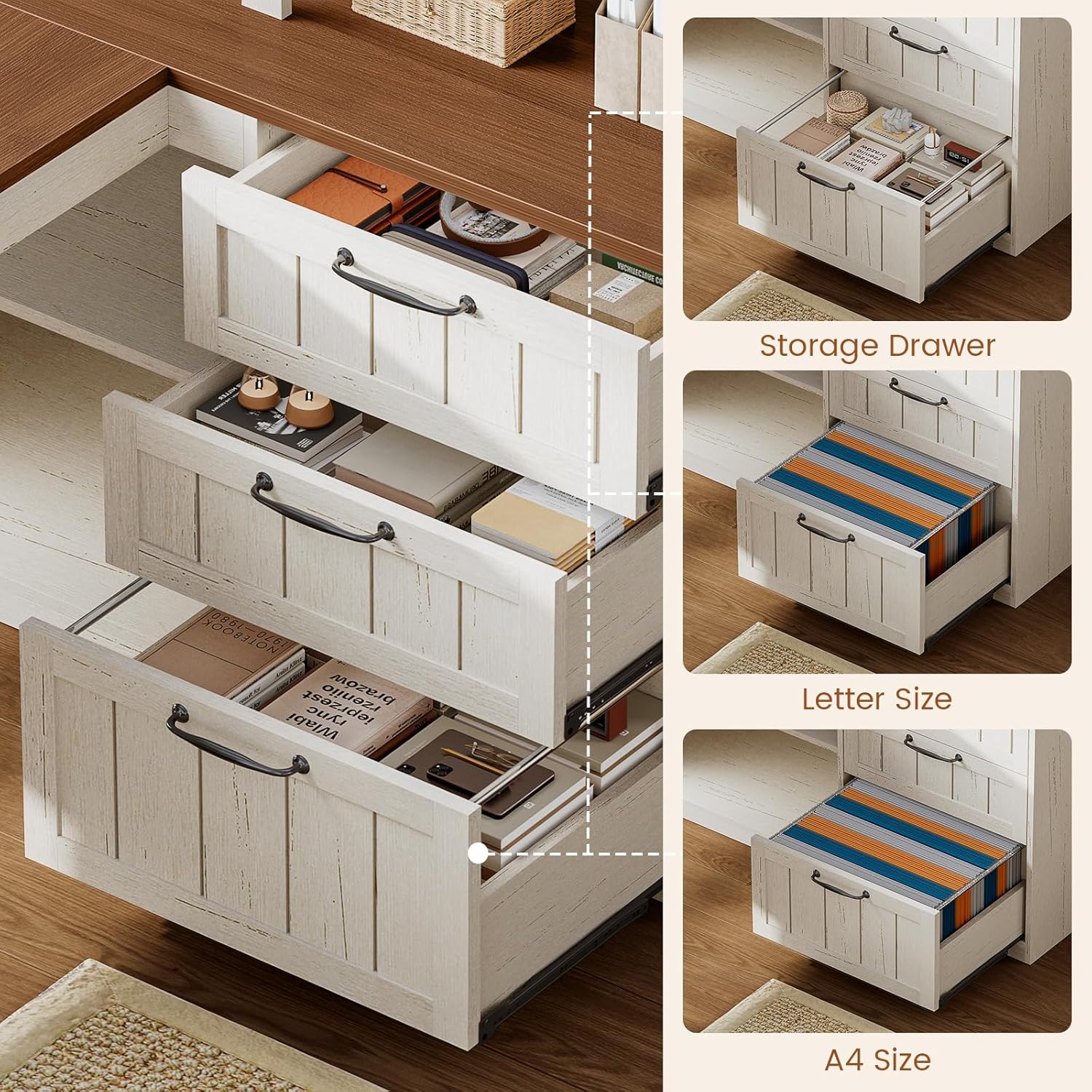SEDETA Farmhouse L Shaped Computer Desk, 59'' Wood Office Desk with 3 Drawers and 5-Tier Bookshelf, Corner Desk with Storage Shelves and Power Outlet for Home Office Small Space, Vintage White + Brown