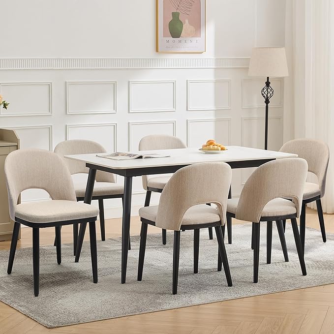 Wooden Dining Chairs Set of 6,Upholstered Kitchen Dining Room Chairs with Curved Backrest and Wood Leg,Modern Fabric Farmhouse Dinner Chair for Restaurant/Cafe,Beige