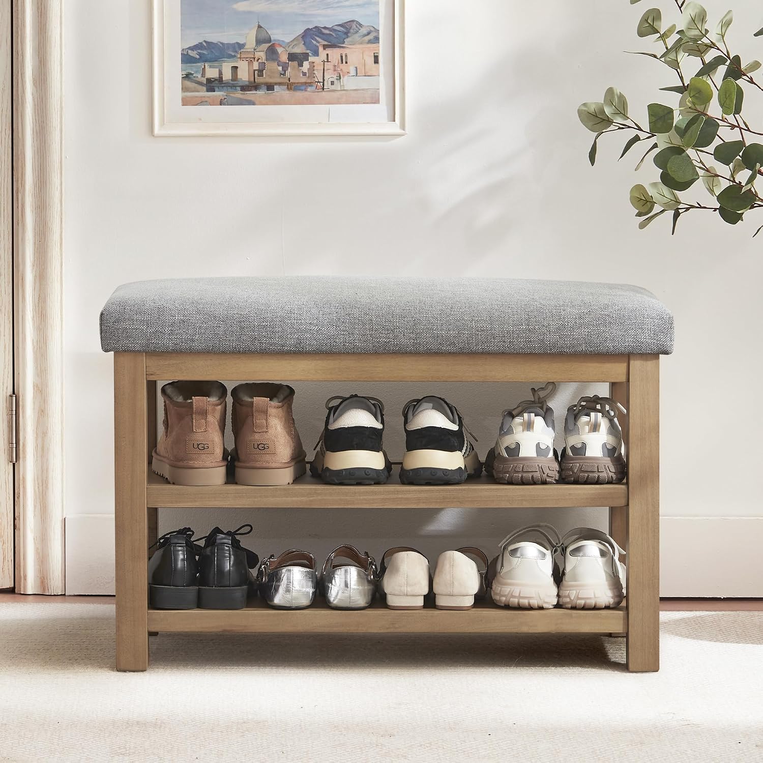 Zihanhome Shoe Rack Bench with Cushion, 2 Tier Solid Wood Storage Bench, Mid-Century Modern Shoe Bench for Entryway, Hallway, Closet, Front Door Entrance, Foyer (Grey, 31.5")