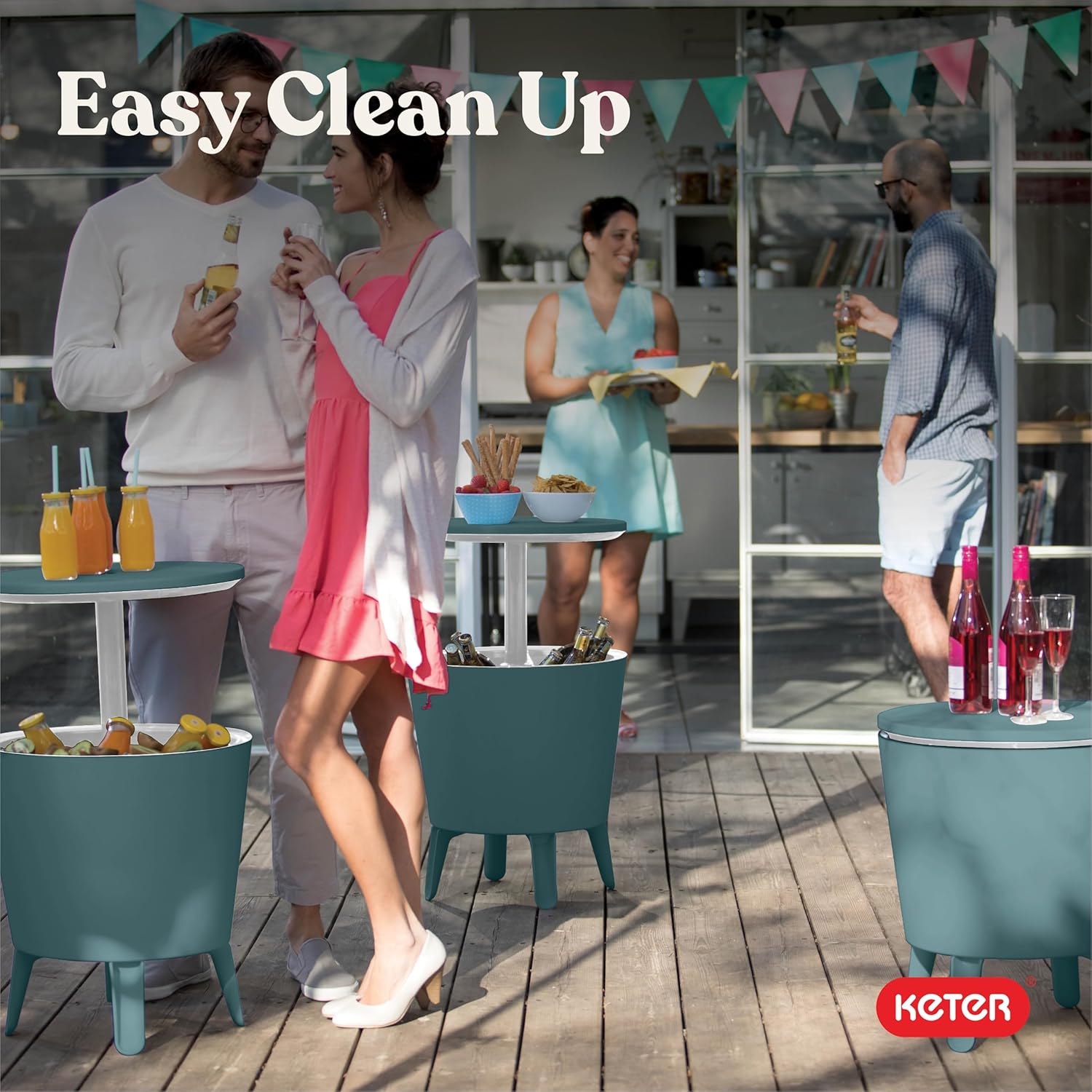 Keter Modern Cool Bar Outdoor Patio Furniture and Hot Tub Side Table with 7.5 Gallon Beer and Wine Cooler, Teal