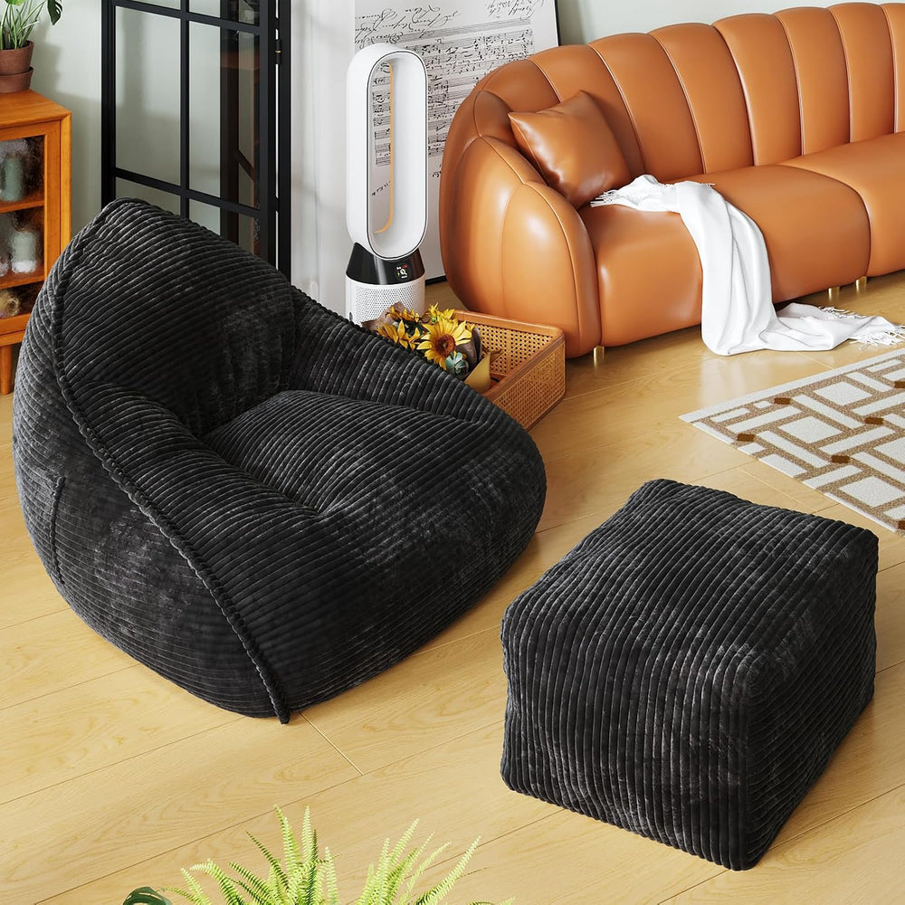 Cloud Large Bean Bag Chair with Ottoman, Corduroy Fabric+35D Memory Foam Big ...