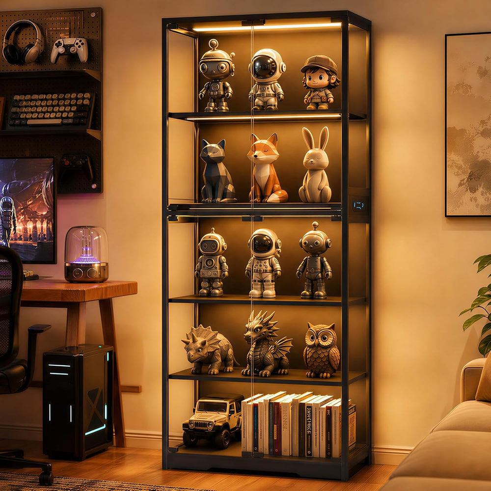 Display Cabinet with Glass Doors, 5-Tier 65" Glass Display Cabinet with ...