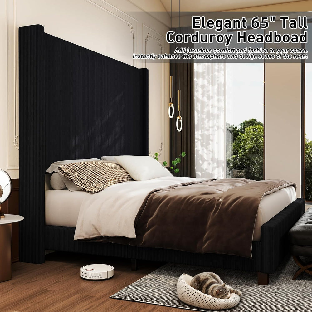King Size Corduroy Upholstered Bed Frame with 65.2" Tall Headboard,USB C...