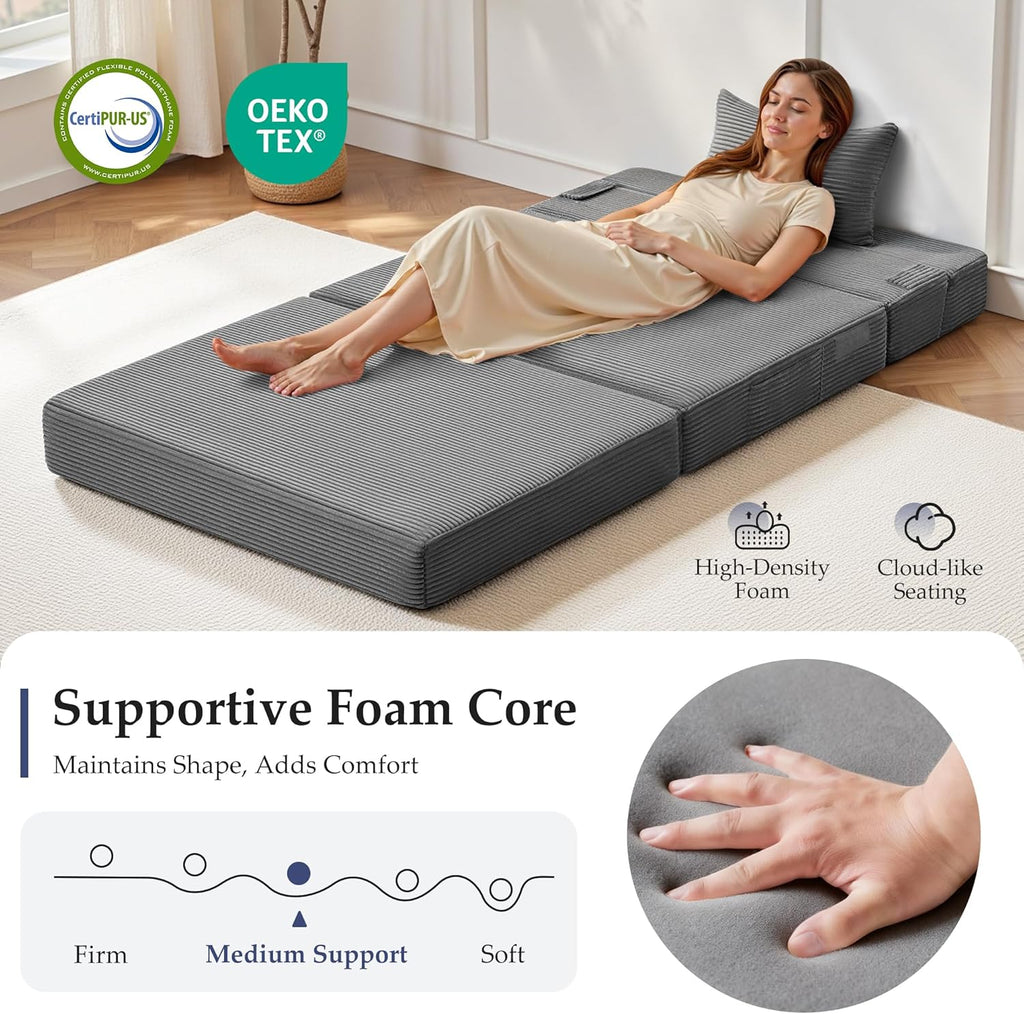 Youzi Folding Sofa Bed Convertible Sleeper Chair with Pillow, 4-in-1 Foldable Mattress Futon Couch Bed to Lounge Chair for Living Room, Bedroom, Dorm & Guest, Washable Cover, Dark Gray, Single