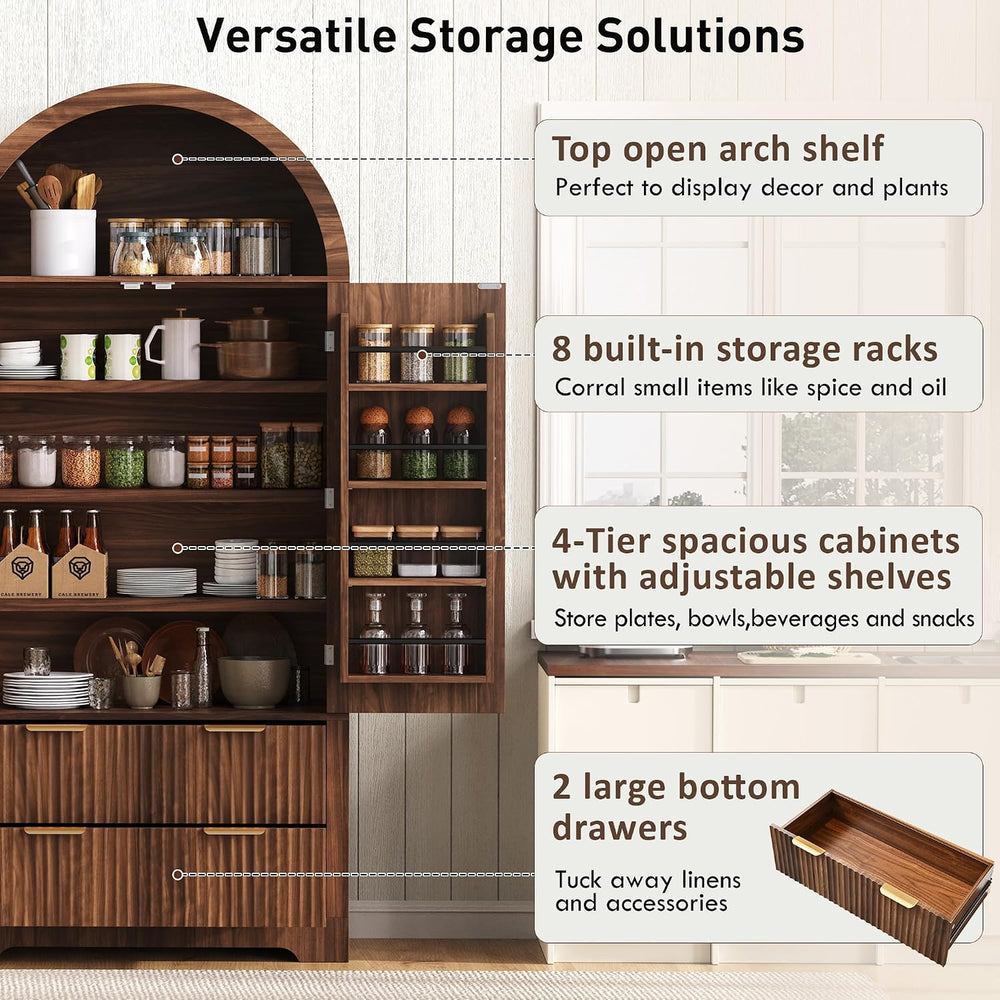 Polibi 72" Tall Arched Kitchen Pantry Cabinet with 2 Drawers & 8 Adj...