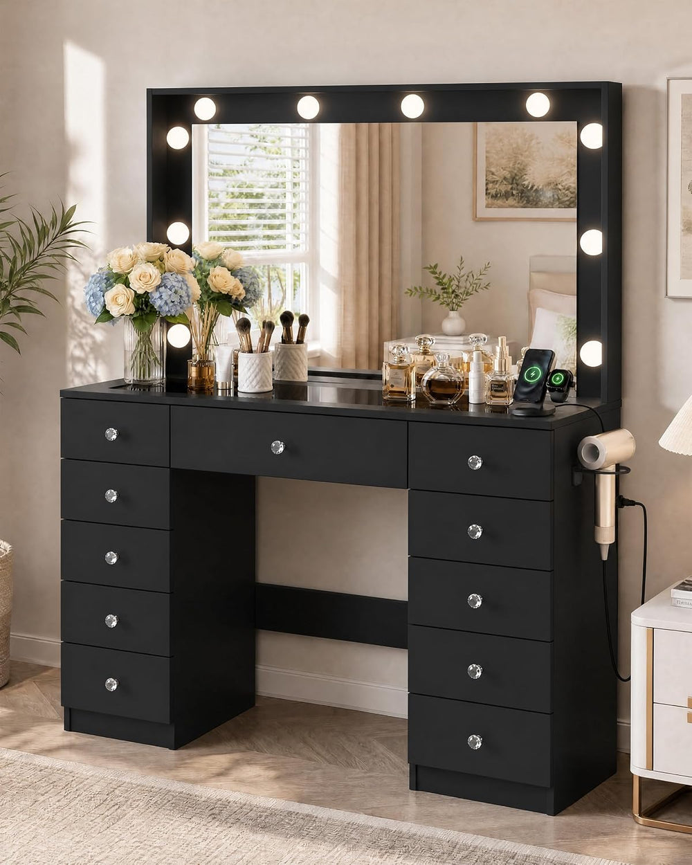 Otterease Black Makeup Vanity with Mirror and Lights,11 Drawers & Glass T...