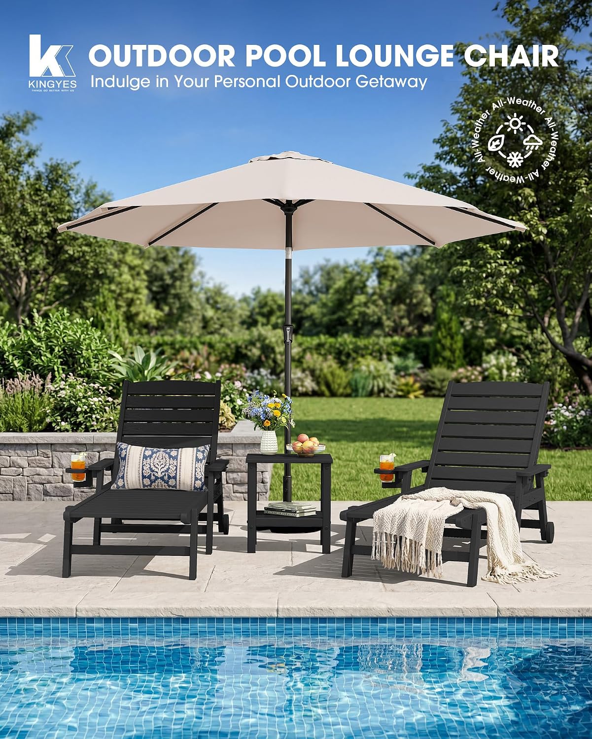 HDPE Lounge Chair Outdoor Set of 2, All Weather Pool Lounger | 5 Position Adjustable Backrest Patio Chaise Lounge with Cup Holder for Outside, Black