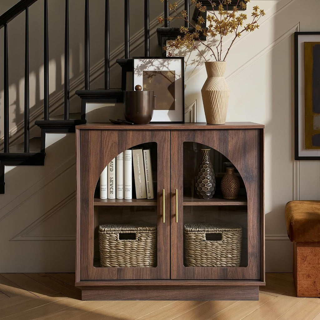 FORTUNETEC 31.5" Sideboard Buffet Cabinet with Arched Glass Doors Set of 2 | Modern Accent Cabinet, Modular Media Console with Storage, Adjustable Shelves, for Living Dining Room Entryway, Dark Walnut