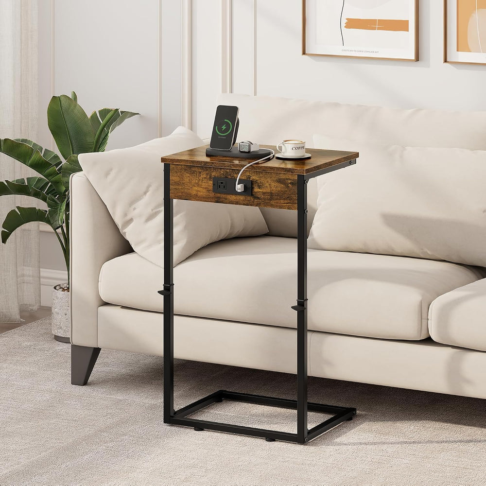 Vagusicc C Shaped End Table with Charging Station, Adjustable Height Side Tab...