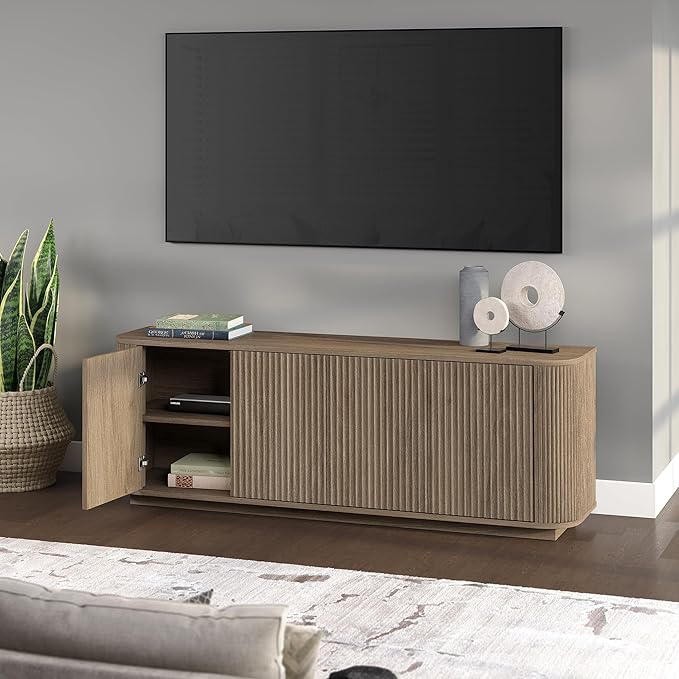 Henn&Hart Fluted TV Stand for TVs up to 75" with 2 Storage Cabinets with an Adjustable Shelf for Living Room, Family Room, or Office, Weathered Gray