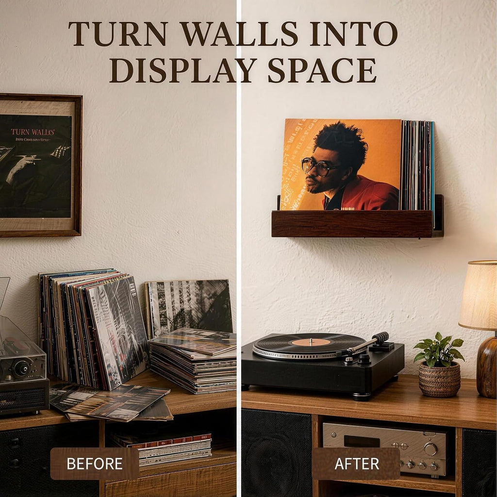 Large Wall Mount Vinyl Record Display, Solid Structure Vinyl Holder Wall, Multi Space Record Holder, Decorative Album Storage Rack for Living Room Bedroom Music Room Dark Walnut Finish